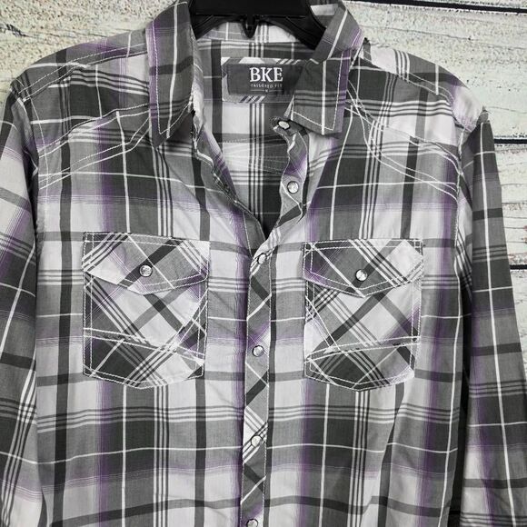 BKE Tailored Fit Plaid Shirt Gray Purple M - Picture 2 of 9